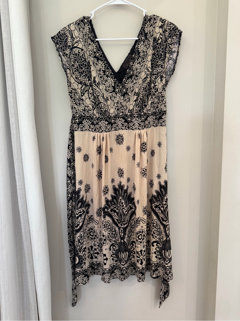 Cream and Black V-Neck Midi Dress with Paisley Overlay